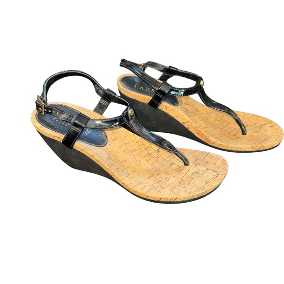 Lauren Ralph Lauren Black Wedge Rosalia T-Strap Wedge Cork Shoes Size 8 - Picture 2 of 7